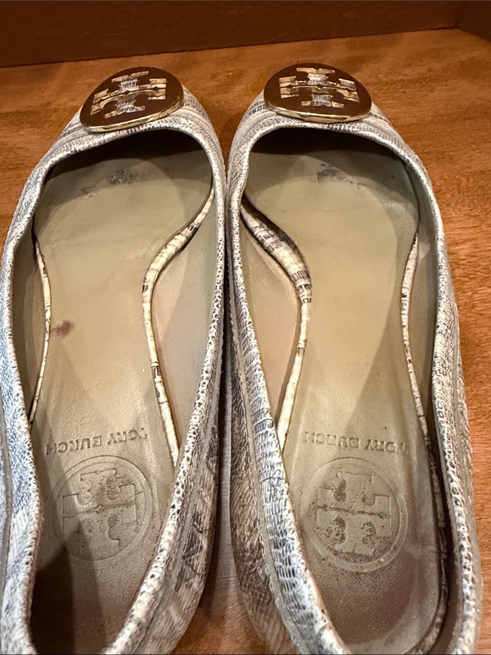 Tory Burch Light Neutral Patterned Logo Ballet Flats with Gold Medallions